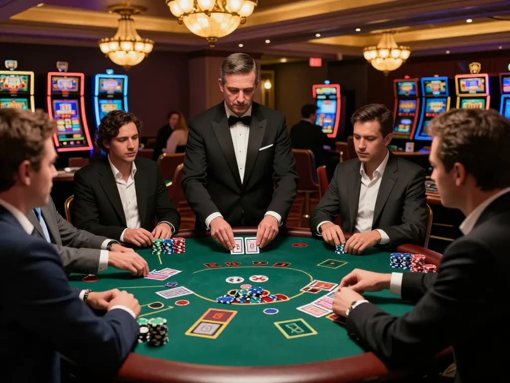 Players at a CM88 blackjack table strategizing under warm lighting in an elegant casino setting.