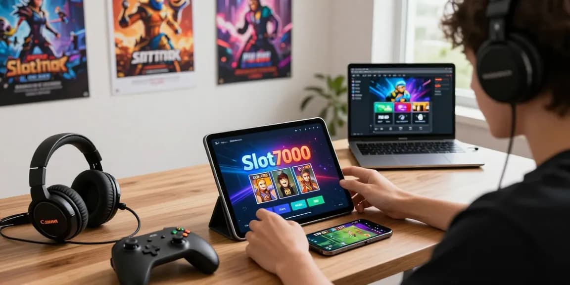 Engaging with slot7000 gaming app on a tablet in a vibrant room.