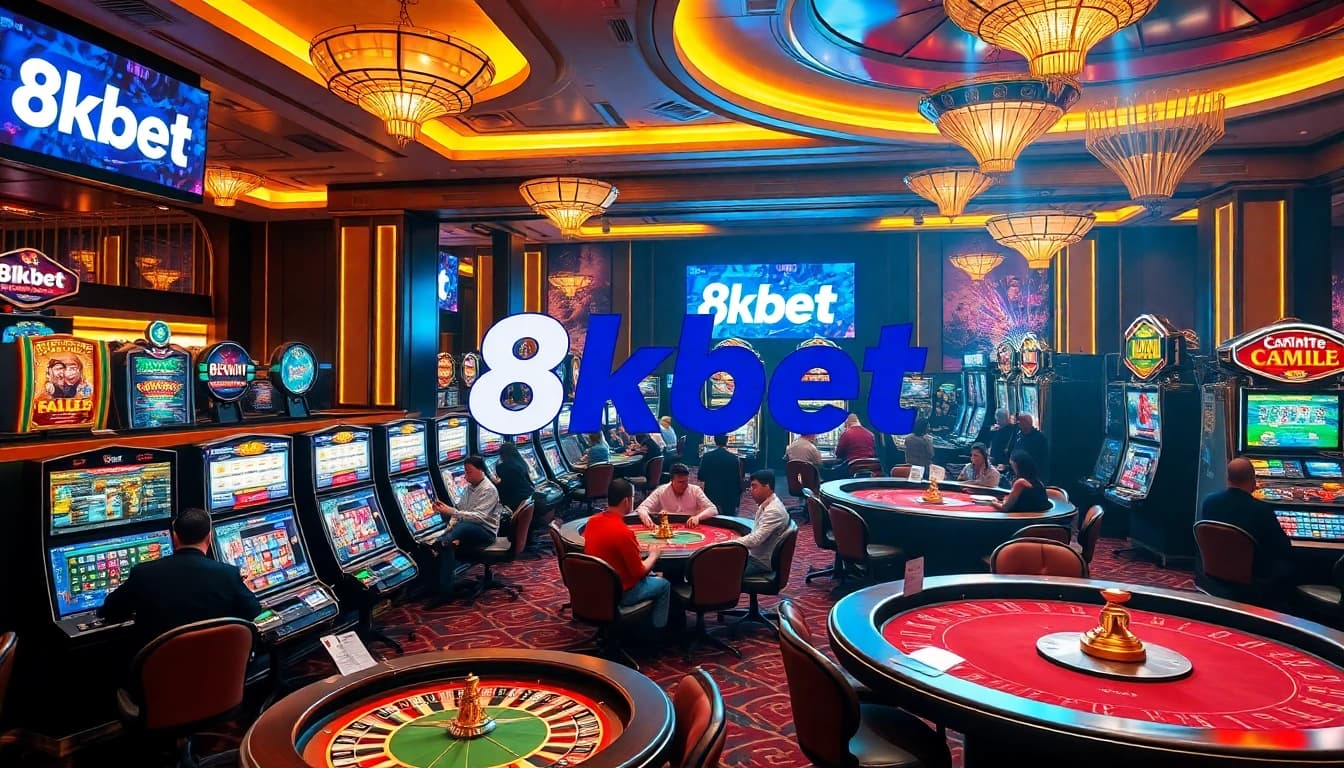 Engage in thrilling online gambling with 8kbet's vibrant casino scene featuring high-stakes tables and colorful slots.