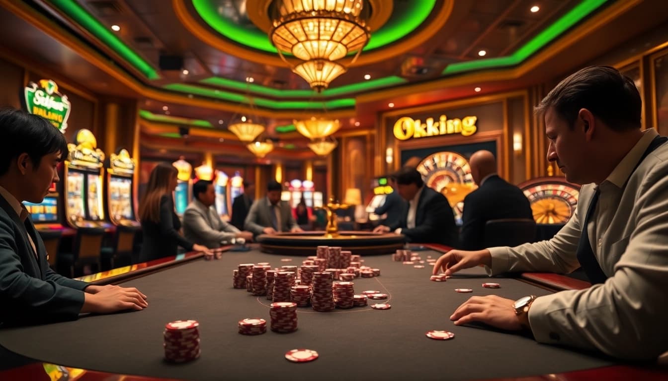 Experience the excitement of Okking with an elegant gambling scene featuring poker chips and a roulette wheel.