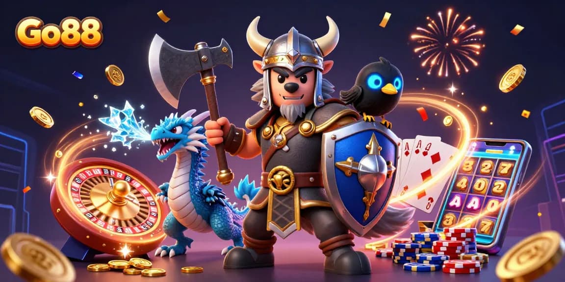 Win big at Go88 with vibrant 3D casino scenes featuring Viking warriors and lucky dragons.