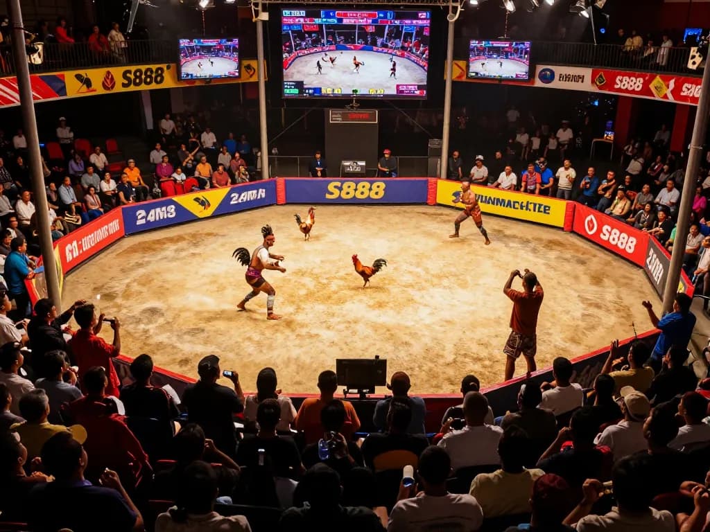 S888 live chicken fighting match with exciting action, vibrant audience, and HD streaming.