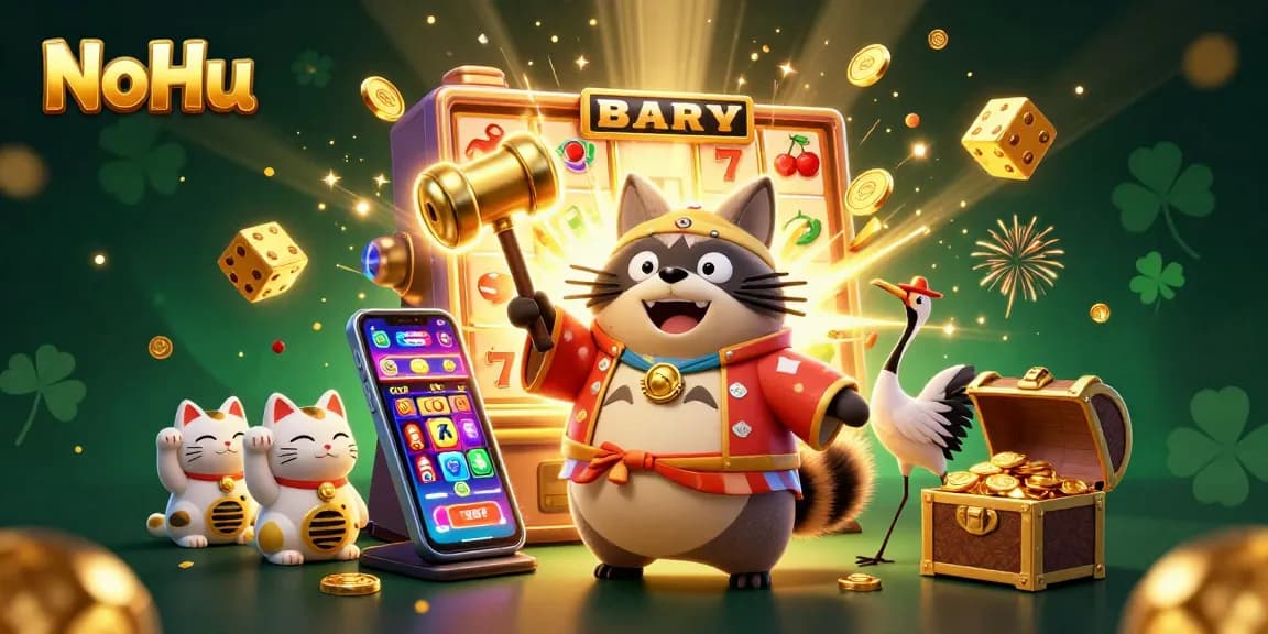 NoHu players celebrate the jackpot explosion in a vibrant 3D casino scene filled with lucky symbols.