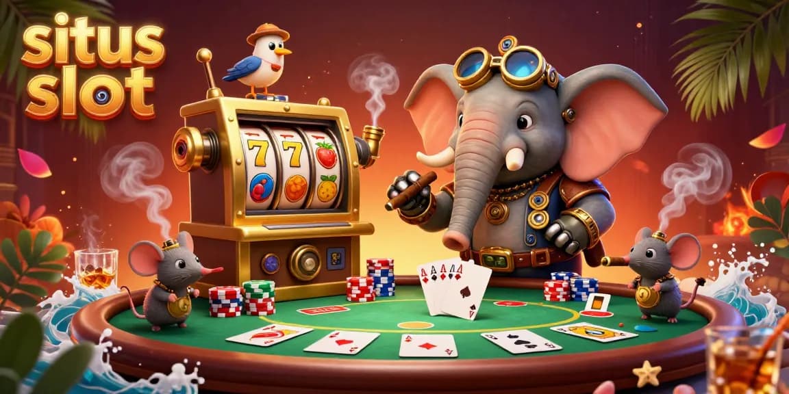 Situs slot illustration showing a steampunk elephant engineer at a golden slot machine amid vibrant casino elements.