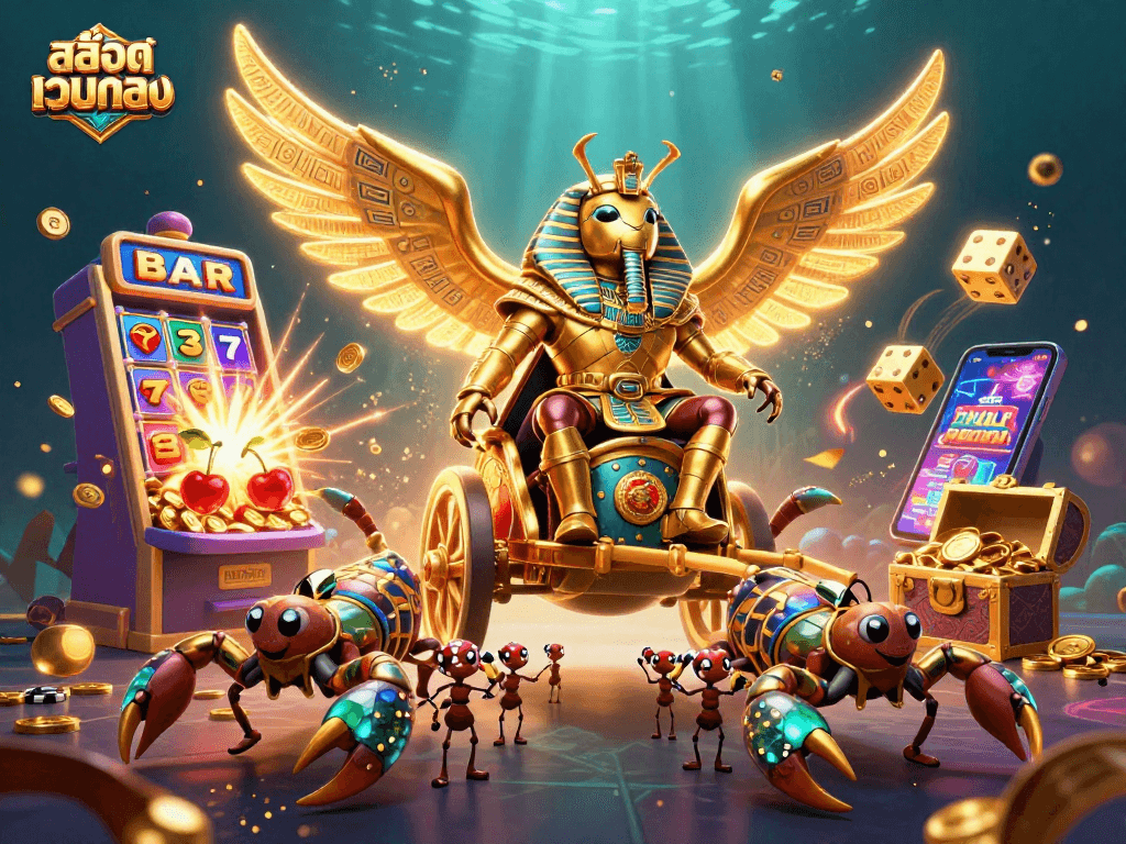 Engage in สล็อตเว็บตรง gaming with a vibrant illustration featuring a golden scarab beetle and dynamic slot machine elements.