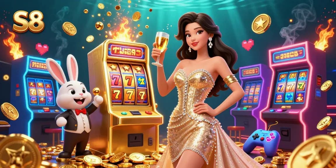 S8 casino experience with a glamorous woman toasting next to a massive jackpot slot machine.