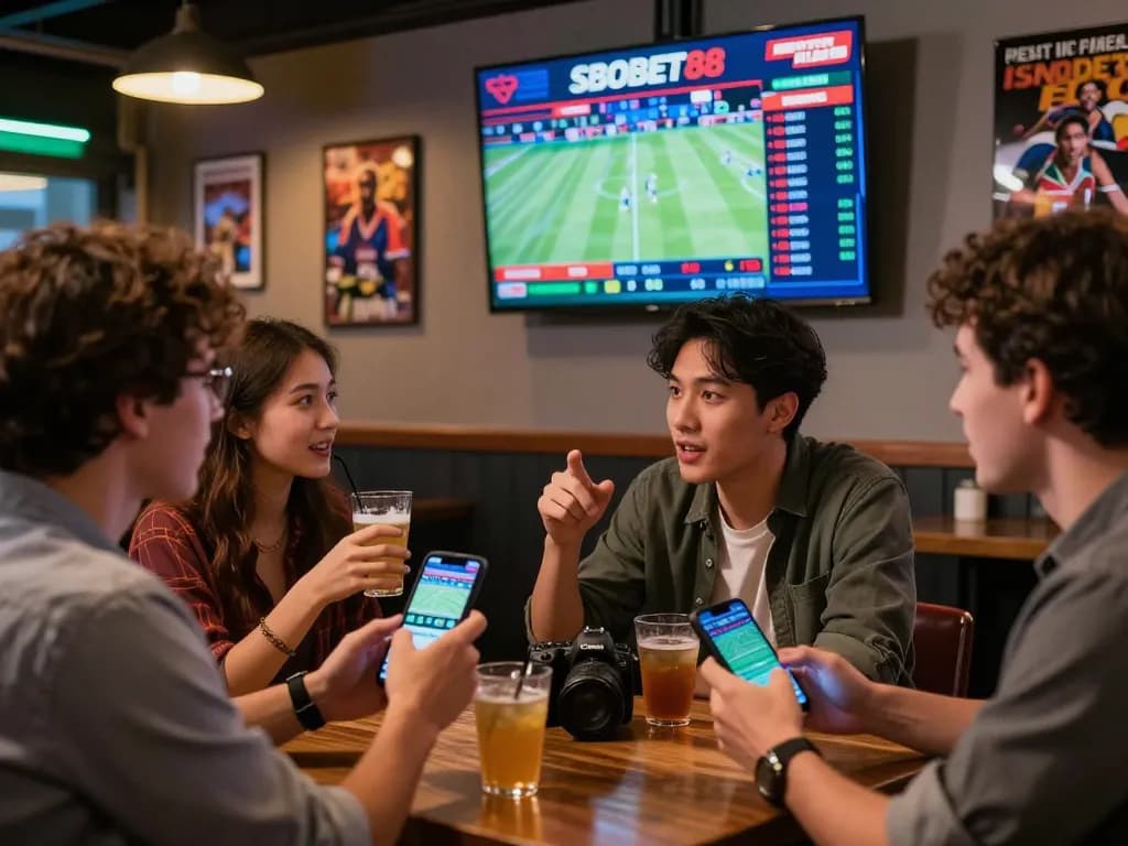 SBOBET88 betting excitement at a sports bar with friends cheering on live odds.