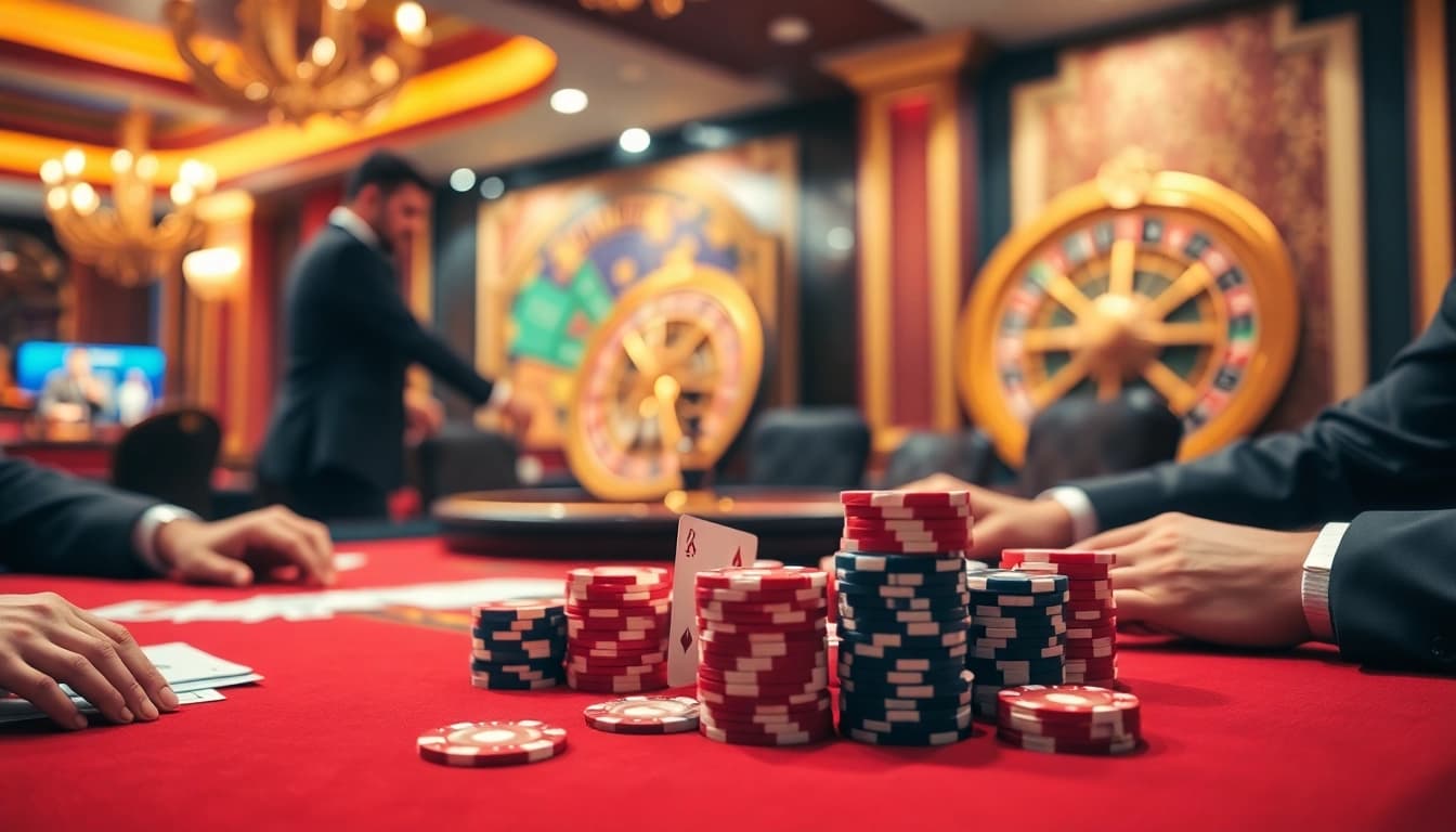 BET88 players strategizing at a luxury poker table with chips and cards.