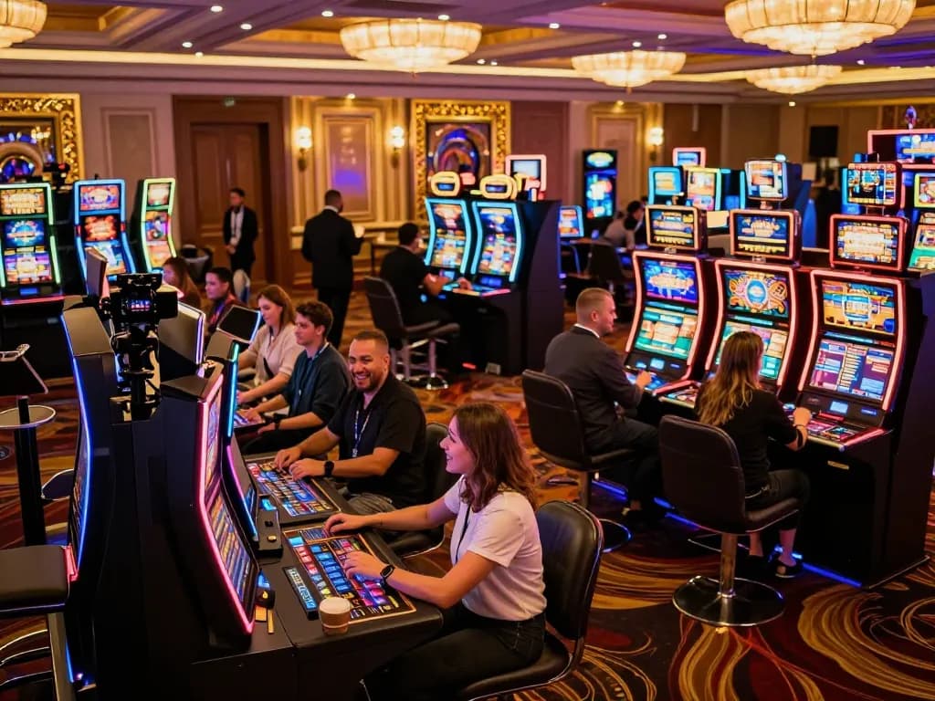 Players enjoying vibrant slot machines at LV88 casino, capturing the excitement and ambiance of gaming