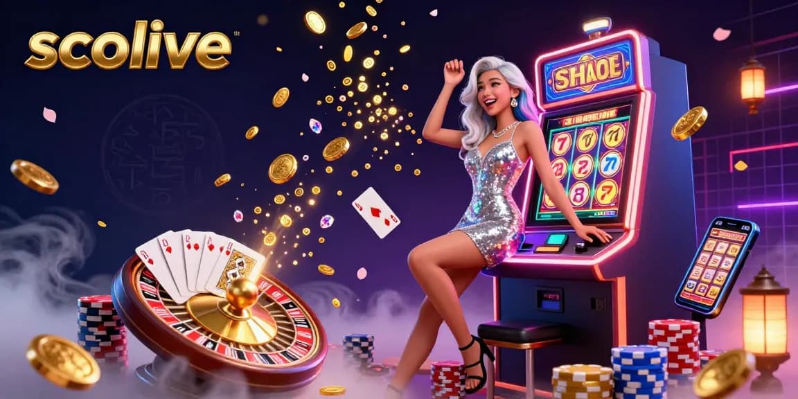 Socolive features a stunning woman celebrating near a jackpot slot machine, surrounded by dynamic casino elements.