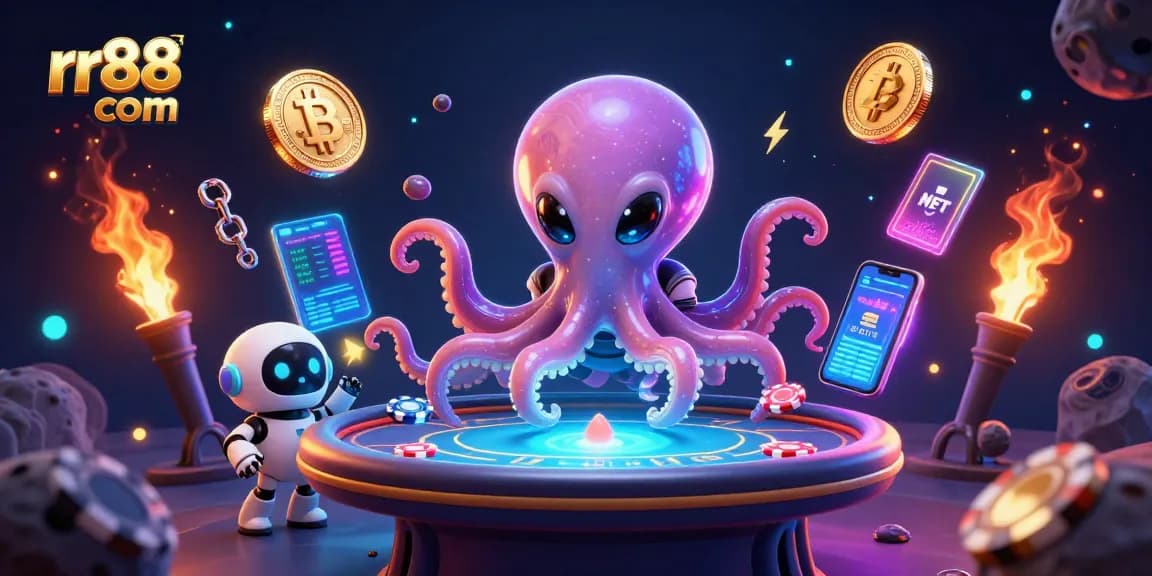 Engage with rr88 com at this vibrant casino scene featuring a futuristic octopus dealer.