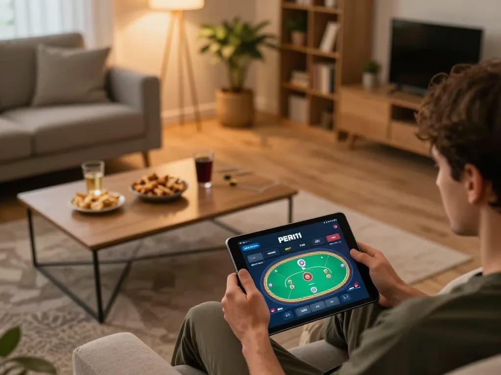 Engaging in online gaming with PERI11 platform on tablet in a cozy home setting