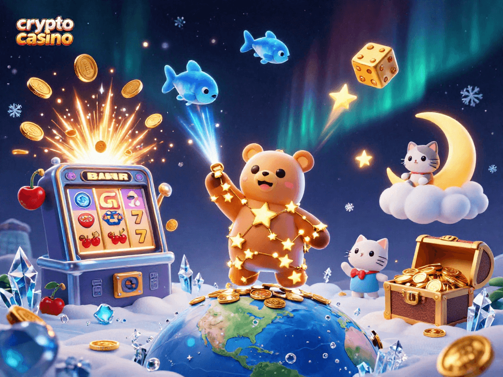 Experience thrills at a crypto casino with a vibrant 3D illustration of iconic casino elements and characters.