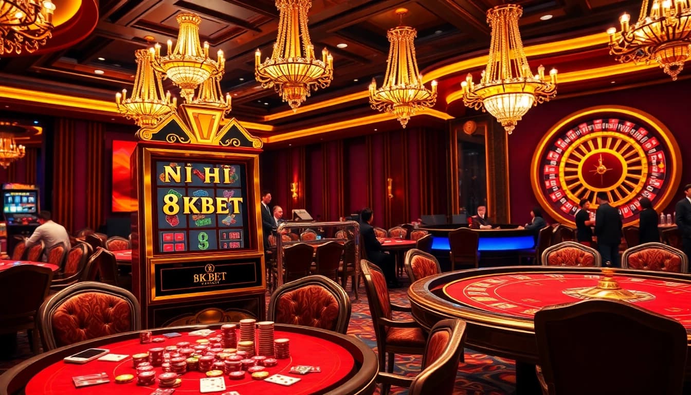 NỔ HŨ 8KBET slot machine in a vibrant casino environment, surrounded by players and colorful gaming elements.