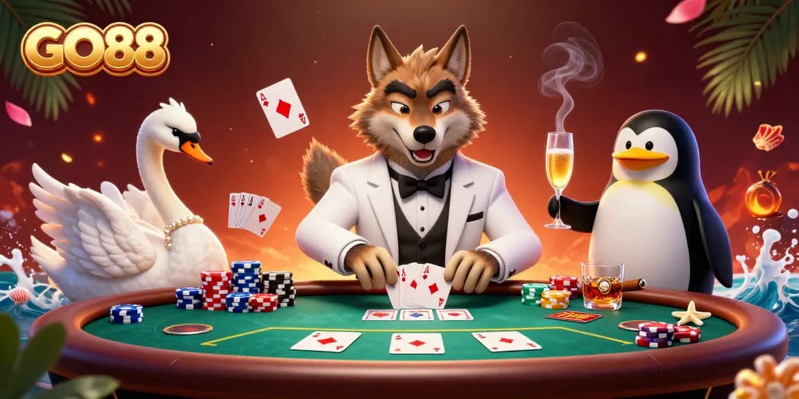 Experience thrilling gaming at GO88 with rich visuals of poker and baccarat in a vibrant casino.