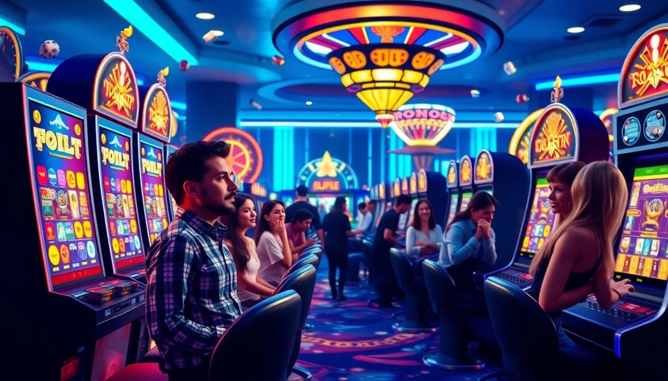 Engaging Slot Online experience with players enjoying vibrant slot machines in a lively casino environment.