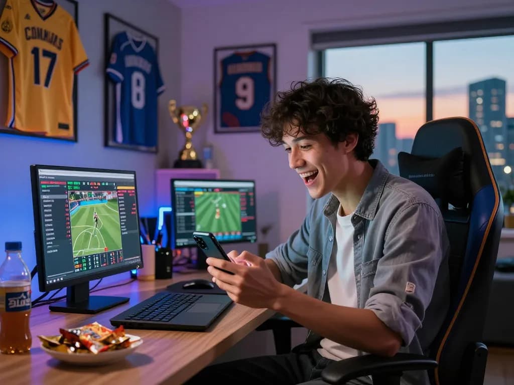 Engaging online betting scene featuring Fabet user placing sports bets in a modern home office.