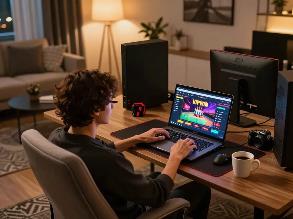 Engaging in strategy gameplay on VIPWIN's casino interface at home.