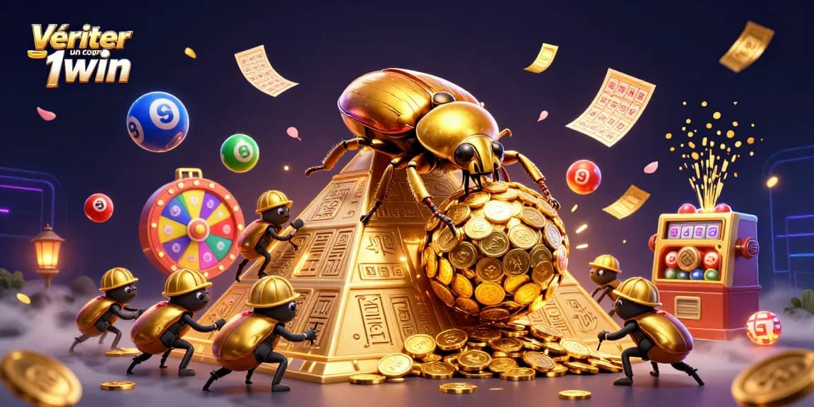 Vérifier un coupon 1win avec un scarabée doré et des éléments de casino animés.