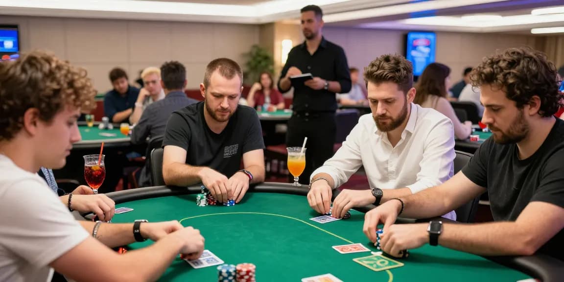 Pengalaman seru bermain poker88 di kasino, pemain fokus di meja poker dengan tumpukan chip.