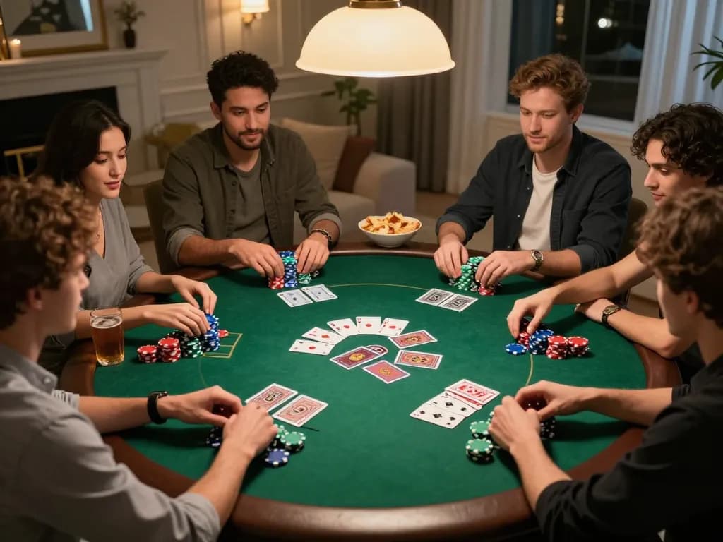 Friends playing poker night with NK88 app on the table, vibrant atmosphere and strategic discussions.