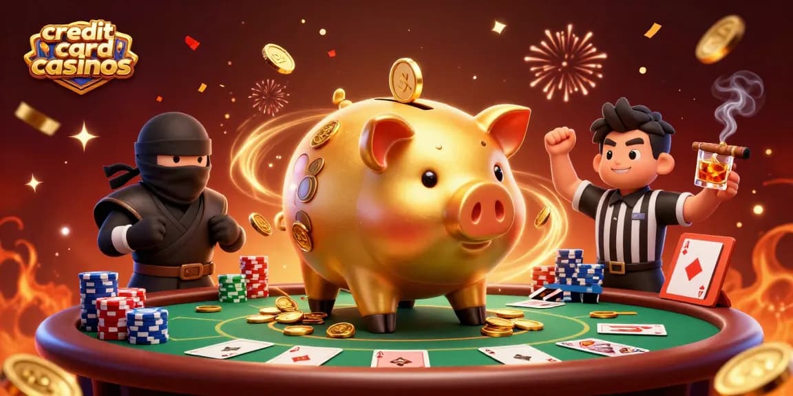 Experience thrilling moments in credit card casinos with a sumo wrestler and ninja at a poker table.