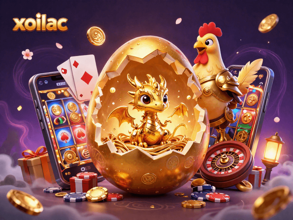 Xoilac mang đến một cảnh đẹp mắt với trứng rồng vàng, chip bài và thiết bị chơi game.