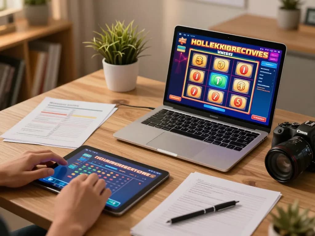 Engaged player reviewing strategies for Slot Resmi games during online session in a cozy home setup.