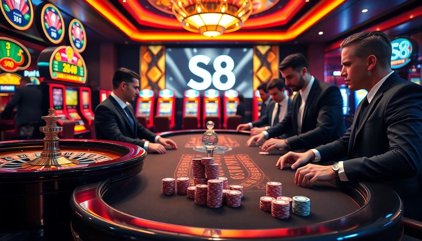 S8 casino scene featuring an elegant poker game with colorful slot machines in the background.