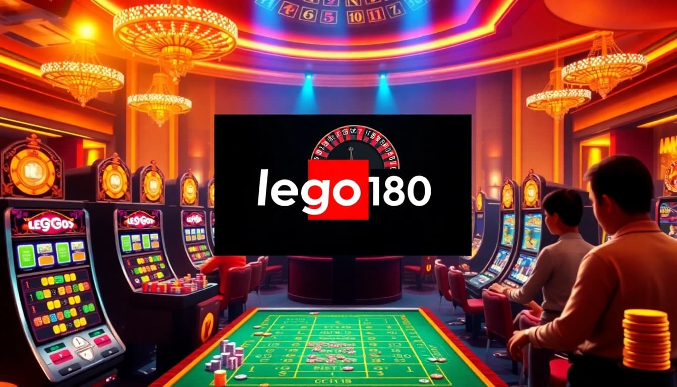 Players betting on lego138 with vibrant casino tables and exciting slot machines lighting up the scene.