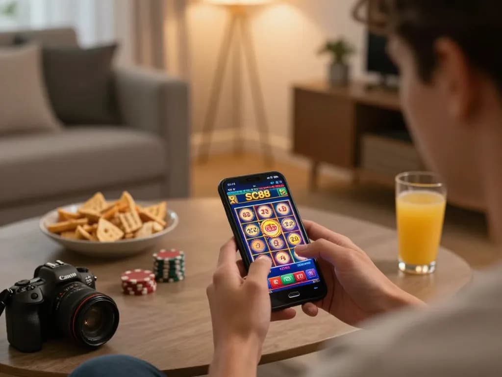 Player enjoying SC88 mobile app slots in a cozy home setting, showcasing responsible gaming.