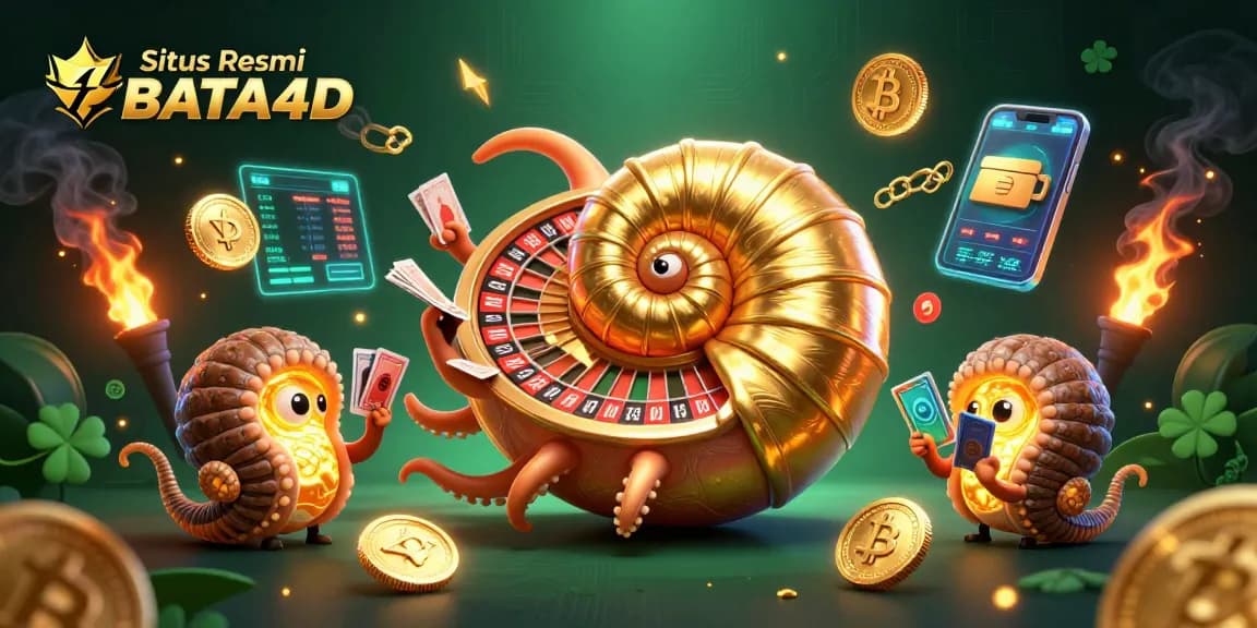 Menggambarkan Situs Resmi BATA4D, nautilus besar berputar dengan kartu, dan lampu neon crypto dalam ilustrasi penuh warna.