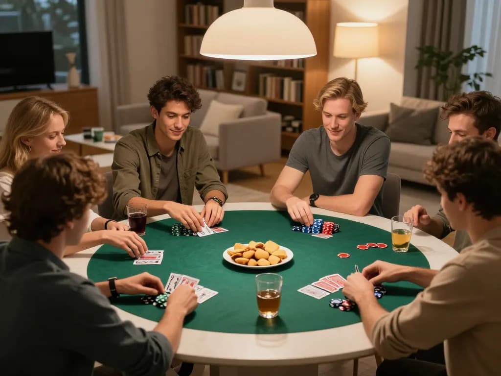 Players enjoying poker night at home with DRAGON222 ambiance, showcasing competitive spirit and strategy.