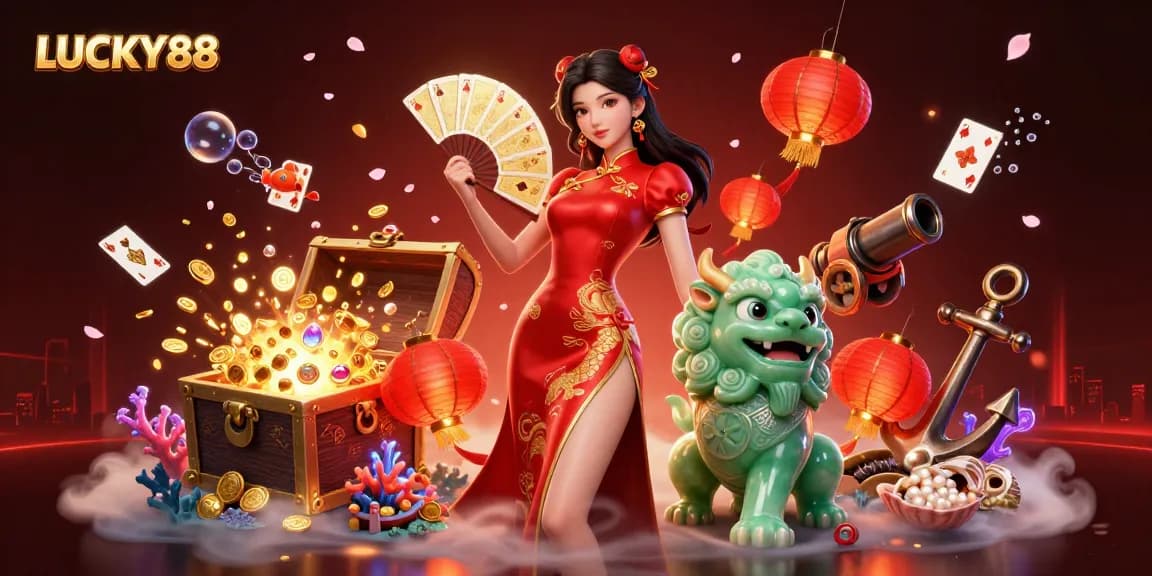 Engage with LUCKY88 in this vibrant 3D depiction of gaming excitement featuring a lucky woman and jade lion guardian.
