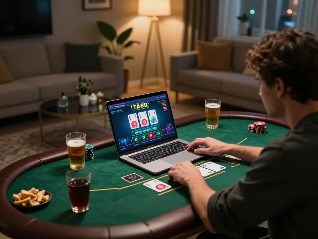 Person playing live dealer blackjack on TA88’s platform in a cozy home setting