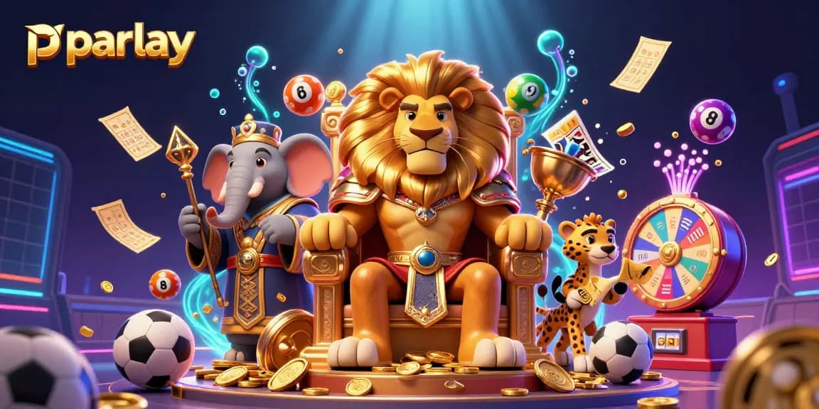Experience parlay betting excitement with a lion king, elephant advisor, and cheetah messenger in a vibrant casino scene.