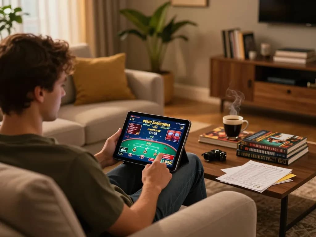 Nohu90 player strategizing on tablet while enjoying a cozy home gaming atmosphere.