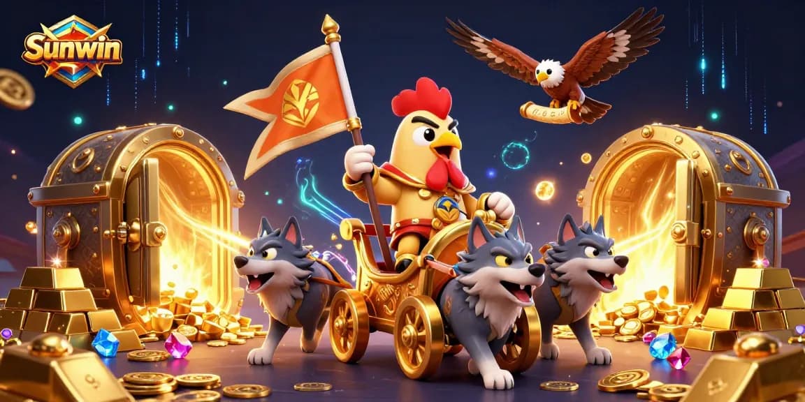 Sunwin offers exciting jackpot games with a vibrant 3D illustration featuring treasure and interactive elements.