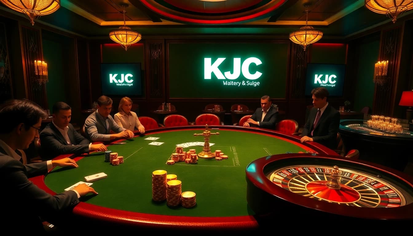 Players engaged in a high-stakes poker game at KJC, surrounded by luxury and excitement.
