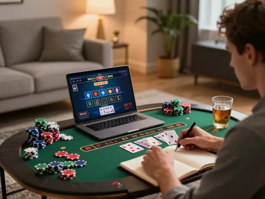 Luck8 player analyzing strategy while gaming online at home with inviting atmosphere