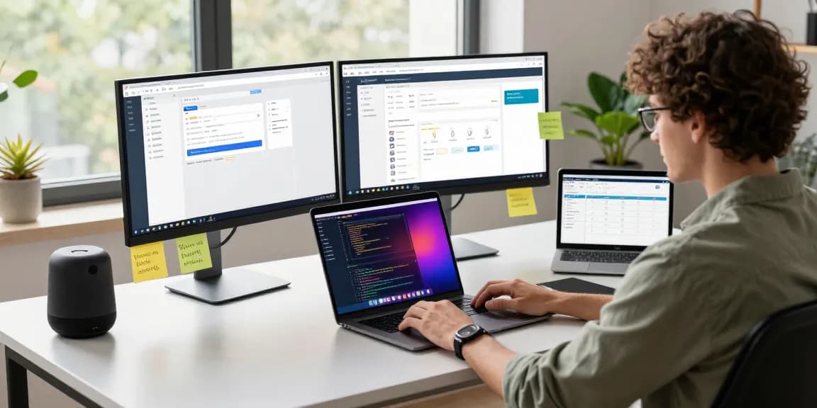 Moltbot-powered tech workspace with a developer managing tasks using dual monitors and laptop in an inspiring environment.