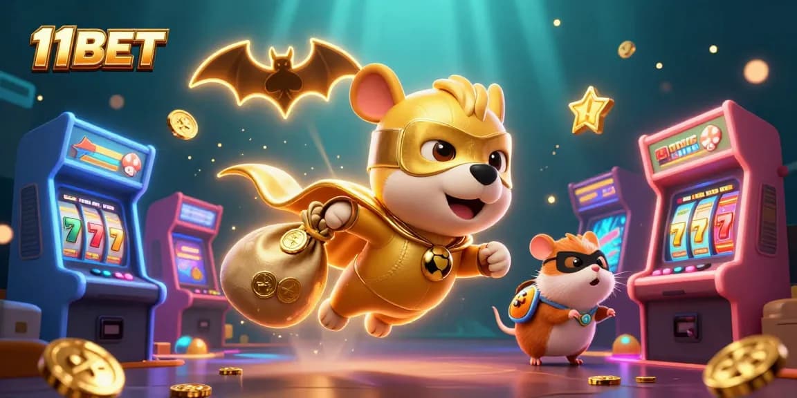 Win big with 11BET – a vibrant scene of a superhero dog and hamster amidst gold coins and casino elements.