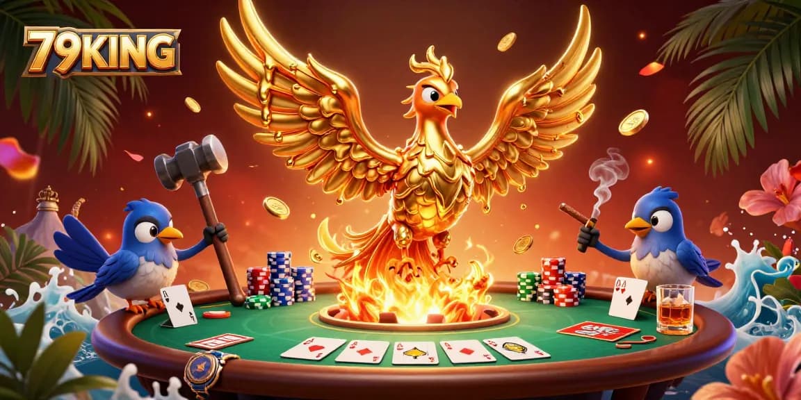 Experience the adrenaline of 79KING as golden coins and poker chips flow from a phoenix's molten wings.