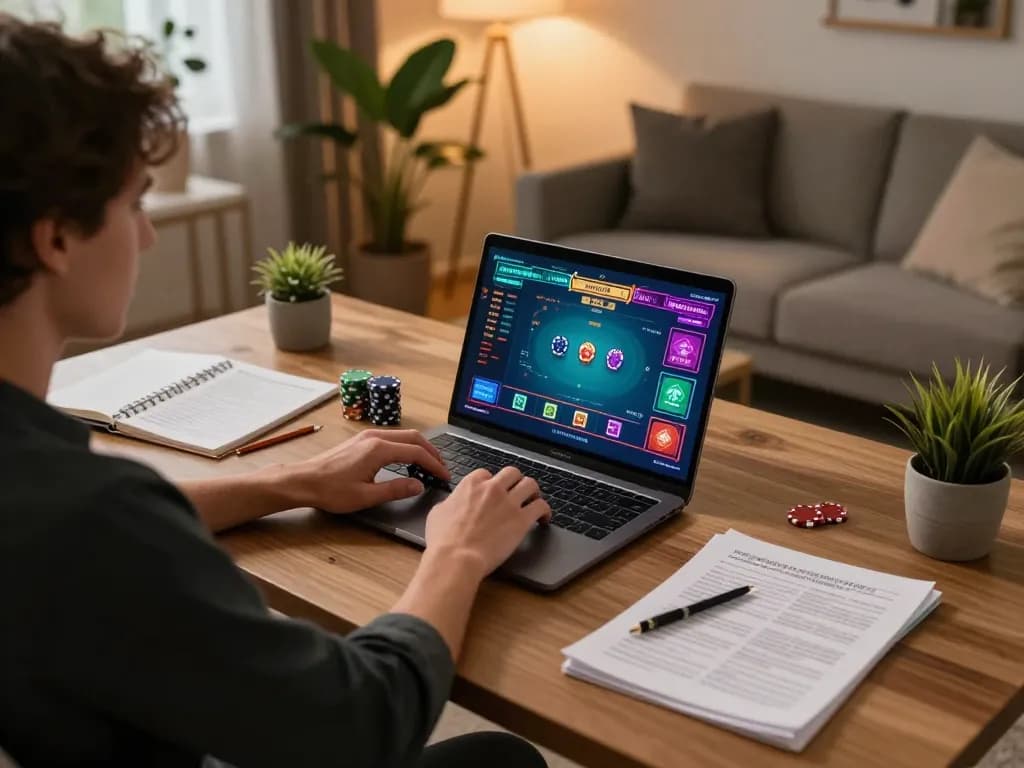 Engaging in online poker strategies with Hubet, showcasing a stylish home office setup.