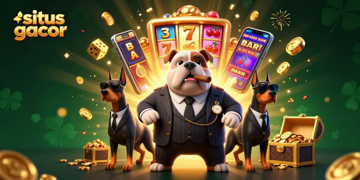 Experience excitement at situs gacor with a lively scene featuring a mafia bulldog and dynamic slot elements.