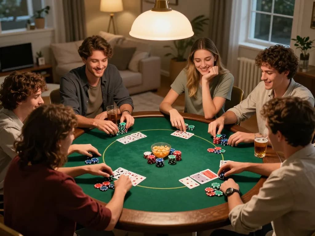 Group of friends enjoying a poker night where they are playing together while using the link domino88 for easy access