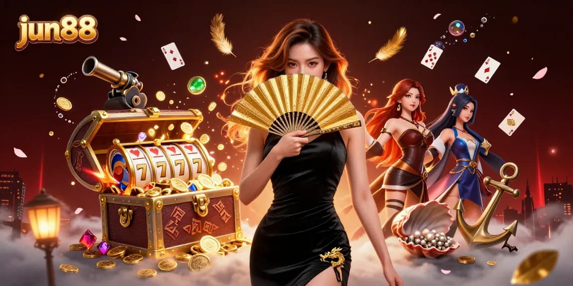 Engage in thrilling games at jun88, featuring a captivating Asian woman surrounded by glimmering casino elements.