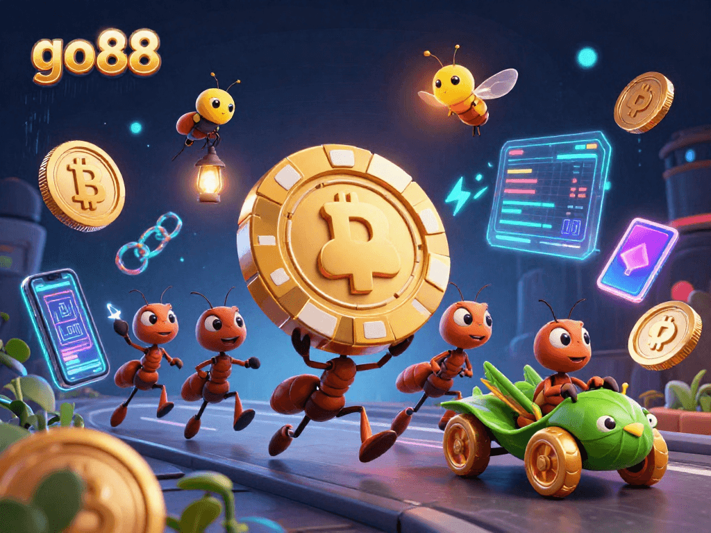Capture the vibrant excitement of go88 with animated ants stealing a giant poker chip, embodying casino thrills.
