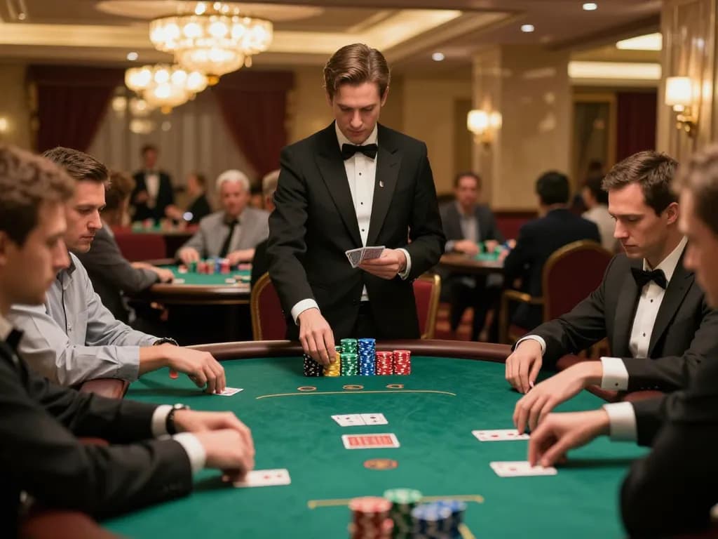 Pemain BOM88 terlibat dalam permainan poker berisiko tinggi di kasino mewah dengan suasana yang hidup.