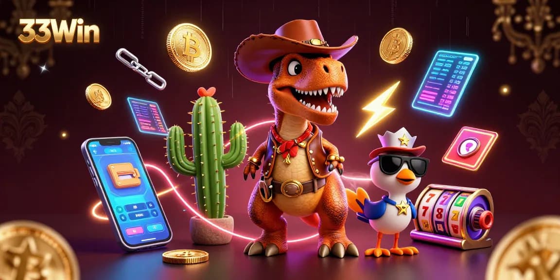 Engage with 33Win in a colorful casino scene featuring animated characters and crypto elements.